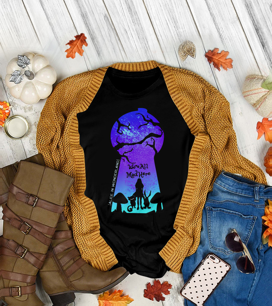 Alice in Wonderland We're All Mad Here Keyhole Cheshire Cat and Rabbit T-Shirt