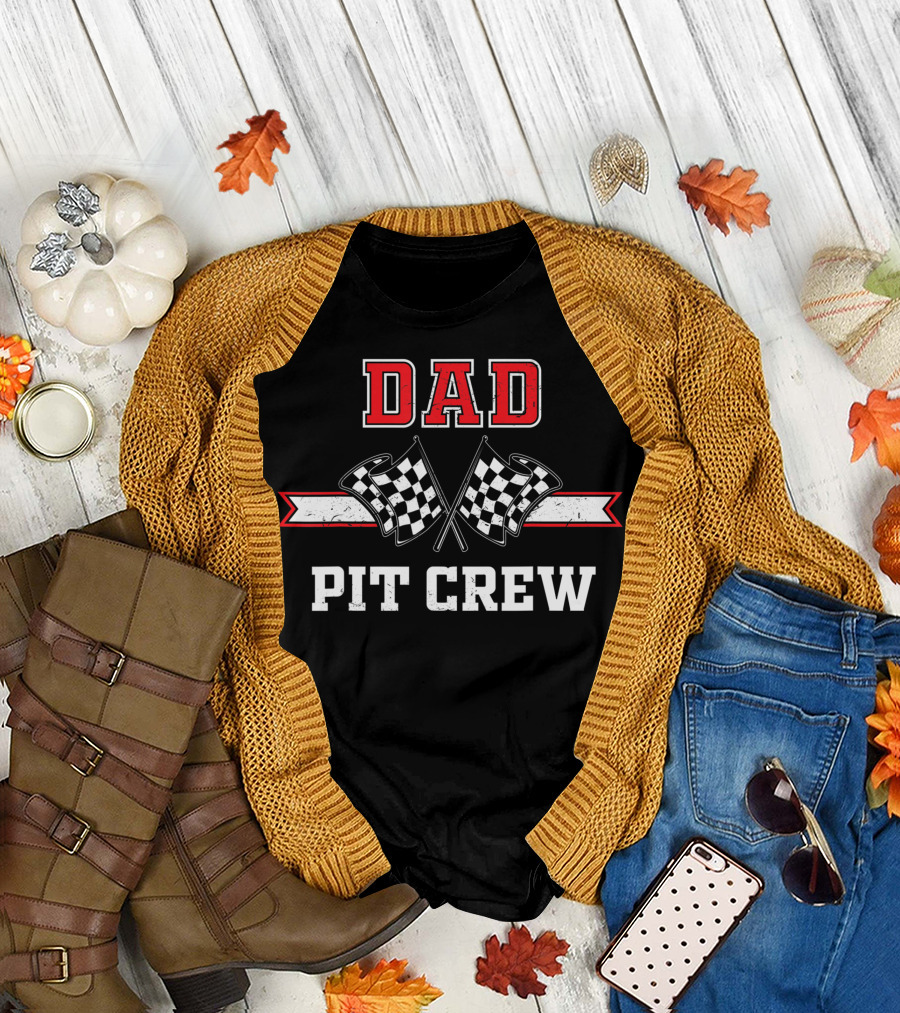 Dad Pit Crew Racing Flag Theme Birthday Party T-Shirt