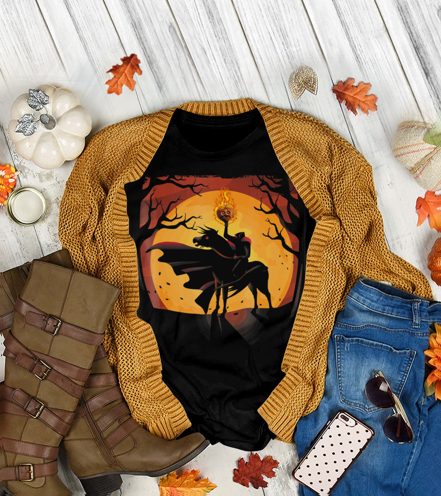 Headless Knight with Flaming Pumpkin Head in Spooky Halloween Scene T-Shirt