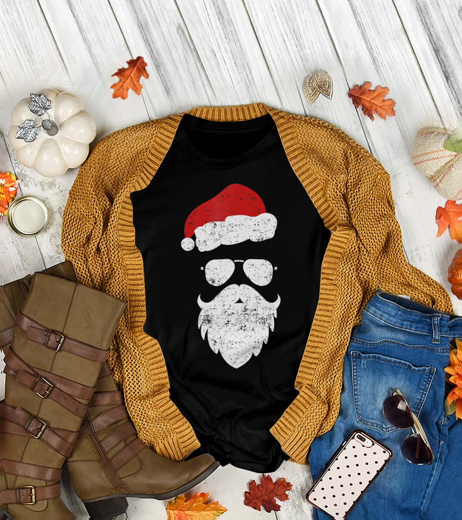 Hipster Santa Beard with Aviator Sunglasses and Christmas Hat T-Shirt