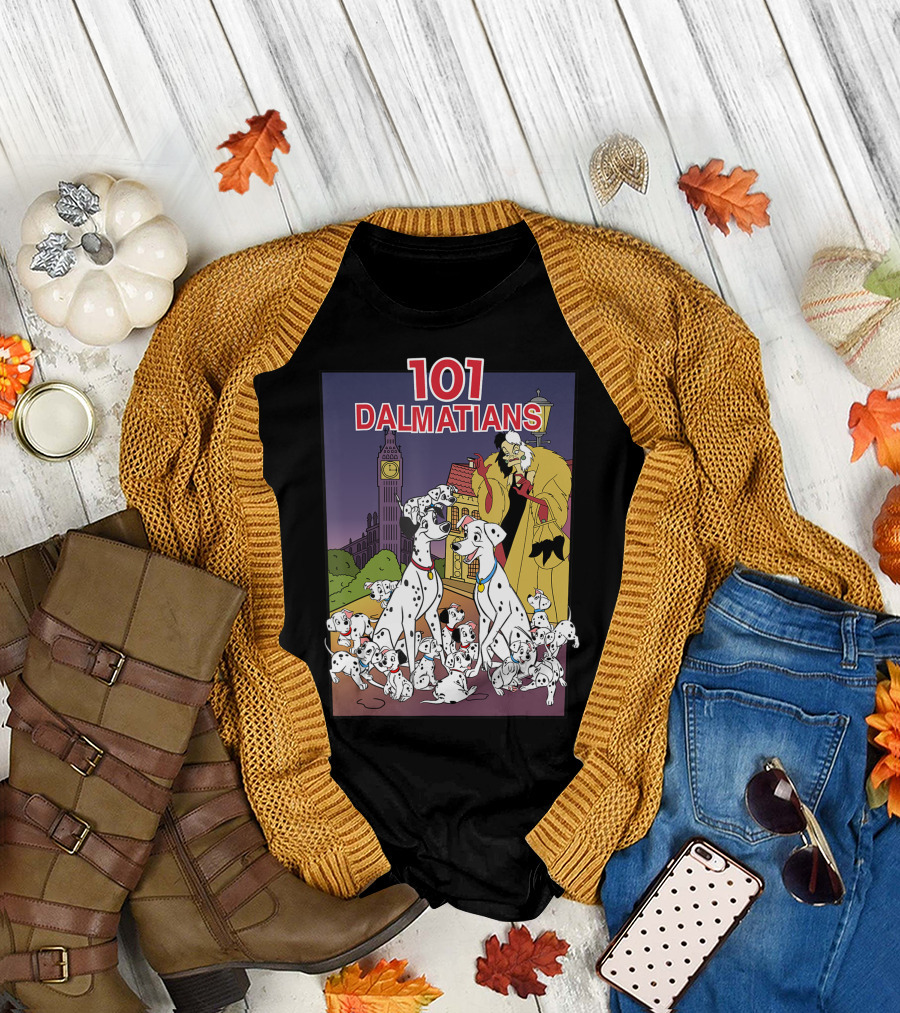 101 Dalmatians Group Shot Cruella London Backdrop Vhs Cover T-Shirt