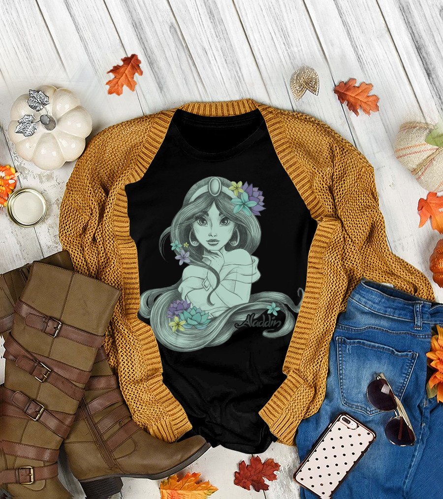 Disney Aladdin Jasmine Floral Tonal Sketch T-Shirt
