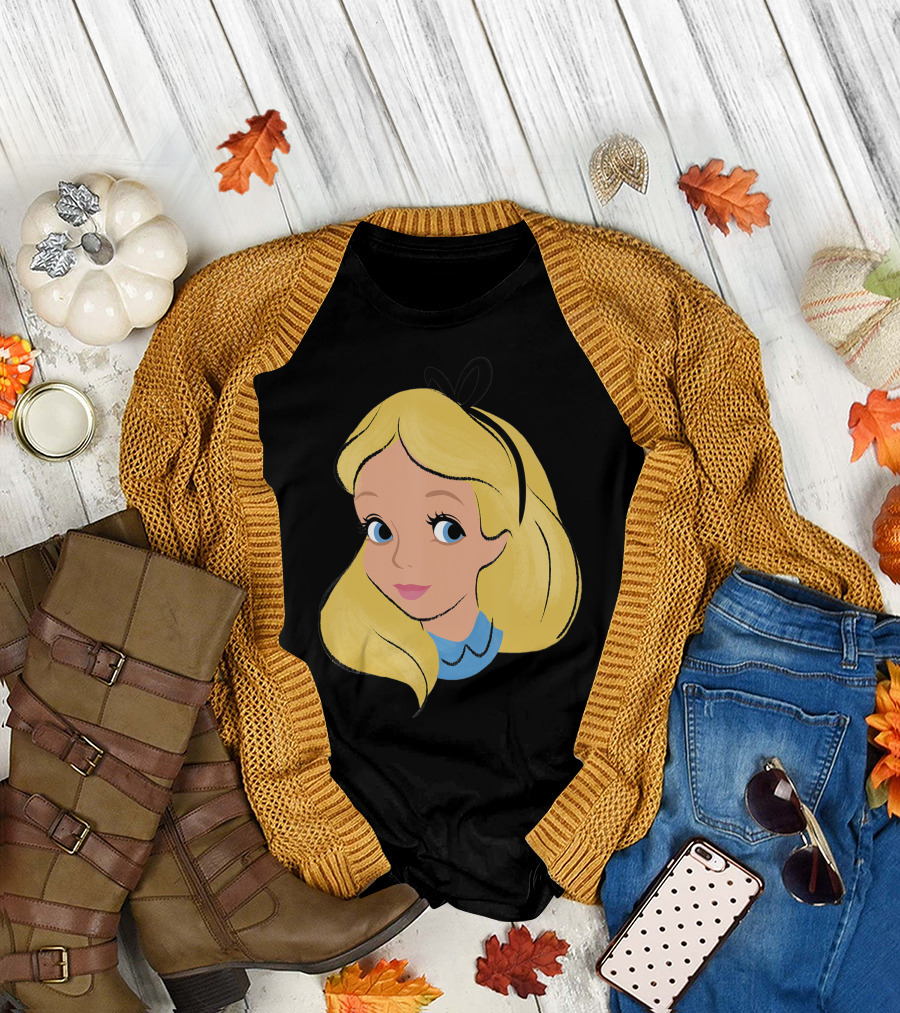 Disney Alice In Wonderland Alice Big Face Blonde Hair Blue Eyes Bow T-Shirt