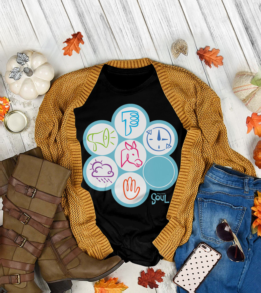 Disney Pixar Soul 22 Earth Pass Icons Thumbs Down Megaphone Compass Rain Cloud Horse Hand T-Shirt