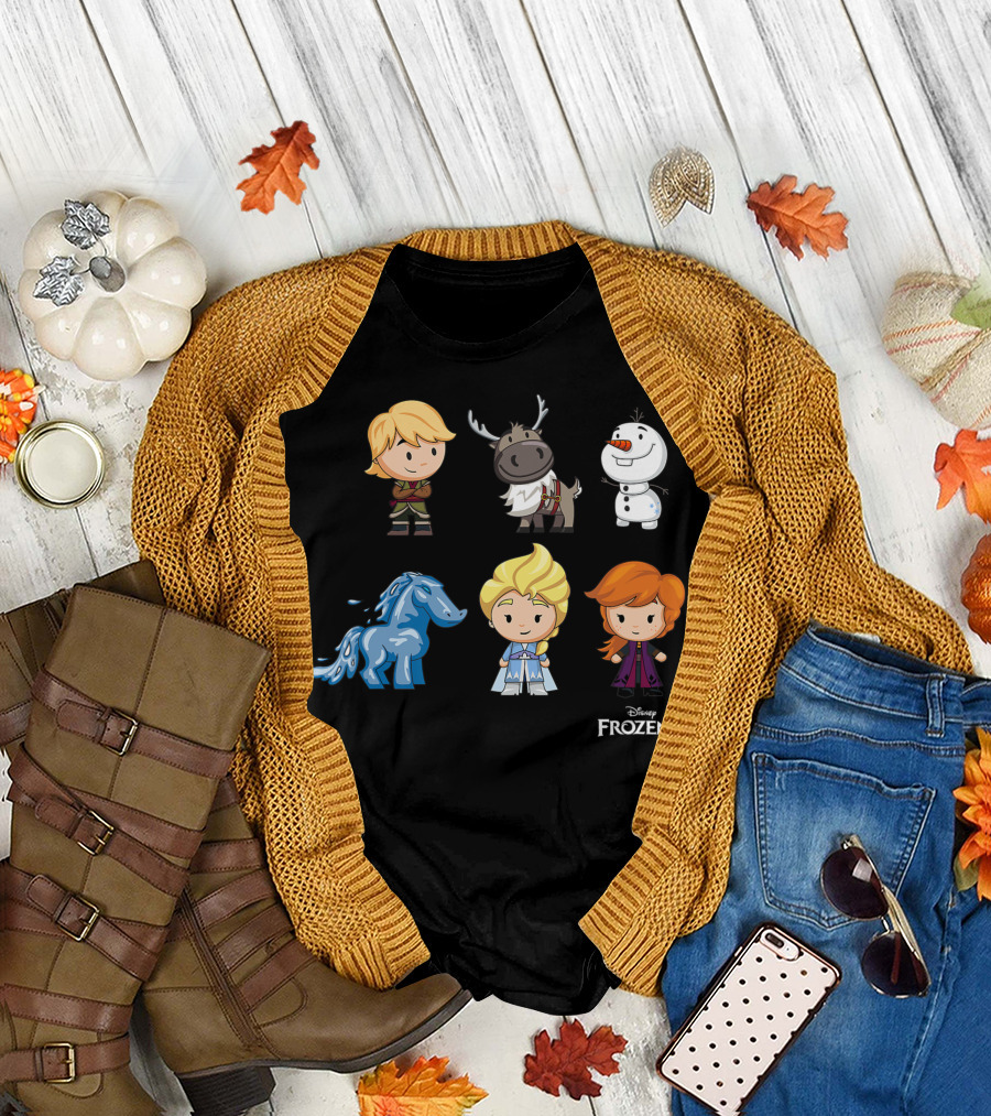 Disney Frozen 2 Chibi Characters Kristoff Sven Olaf Elsa Anna Water Spirit Lineup T-Shirt