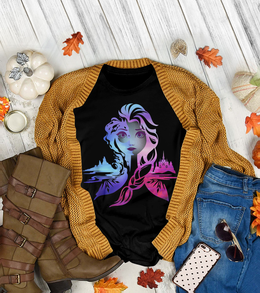 Disney Frozen 2 Elsa Castle Landscape Two Tone Gradient T-Shirt