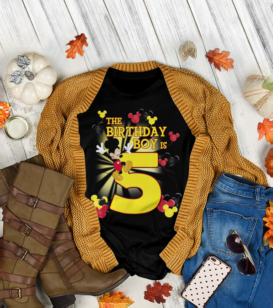 The Birthday Boy Is 5 Disney Mickey Balloons T-Shirt