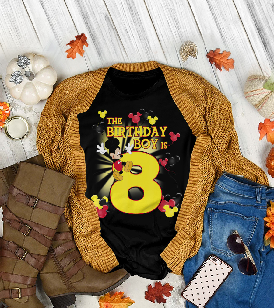 Disney Mickey The Birthday Boy Is 8 Balloons T-Shirt