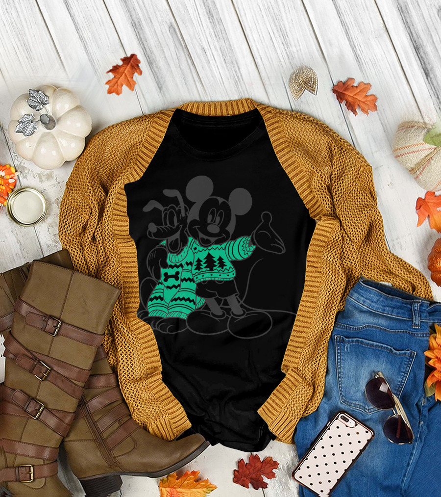 Disney Mickey Pluto Christmas Sweater Outline T-Shirt