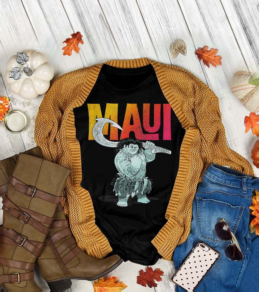 Disney Moana Maui Tough Pose Gradient Text T-Shirt