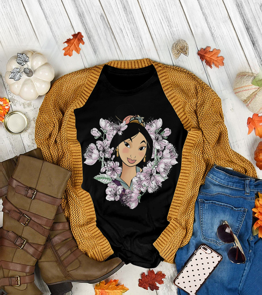 Mulan Surrounded by Cherry Blossoms Disney Princess Floral Framed T-Shirt