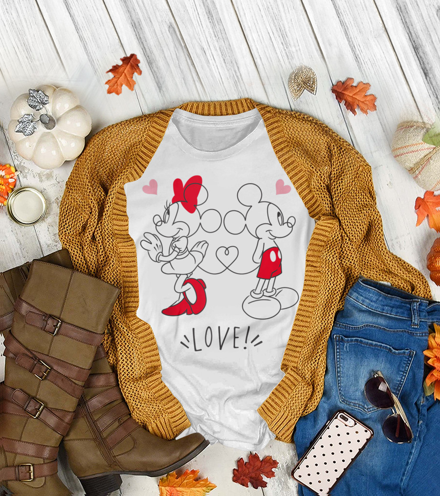 Disney Mickey and Minnie Love with Hearts and Red Accents T-Shirt