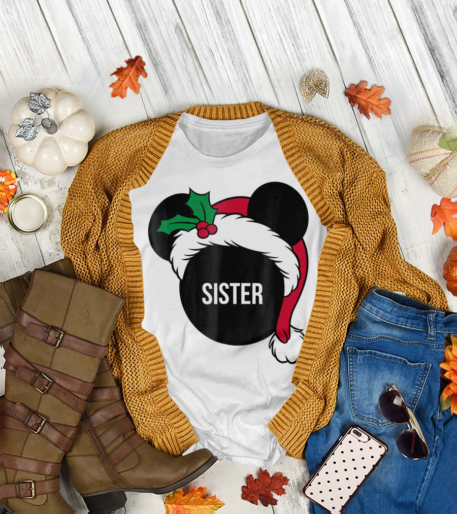 Disney Mickey Mouse Santa Hat Sister Holiday Family T-Shirt