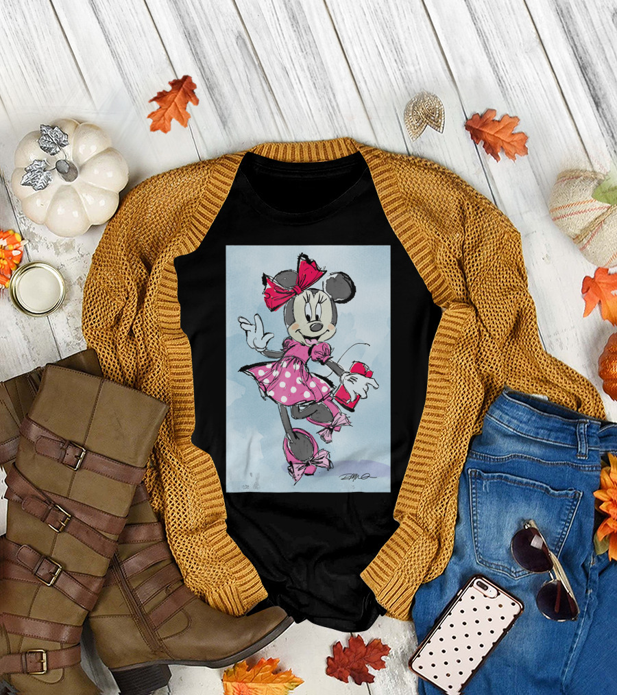 Disney Minnie Mouse in Pink Polka Dot Dress Hand-Drawn T-Shirt