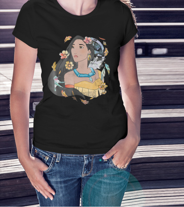 Disney Pocahontas Watercolor Dreamcatcher Flowers Leaves And Feathers T-Shirt