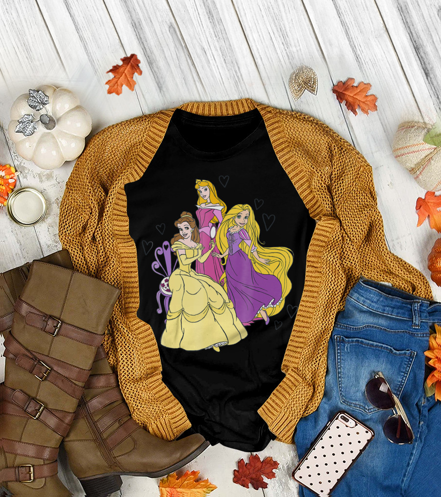 Disney Princess Belle Aurora Rapunzel Heart Background T-Shirt