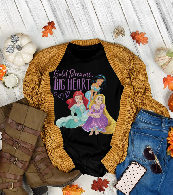 Disney Princesses Ariel Jasmine Rapunzel Bold Dreams Big Heart T-Shirt