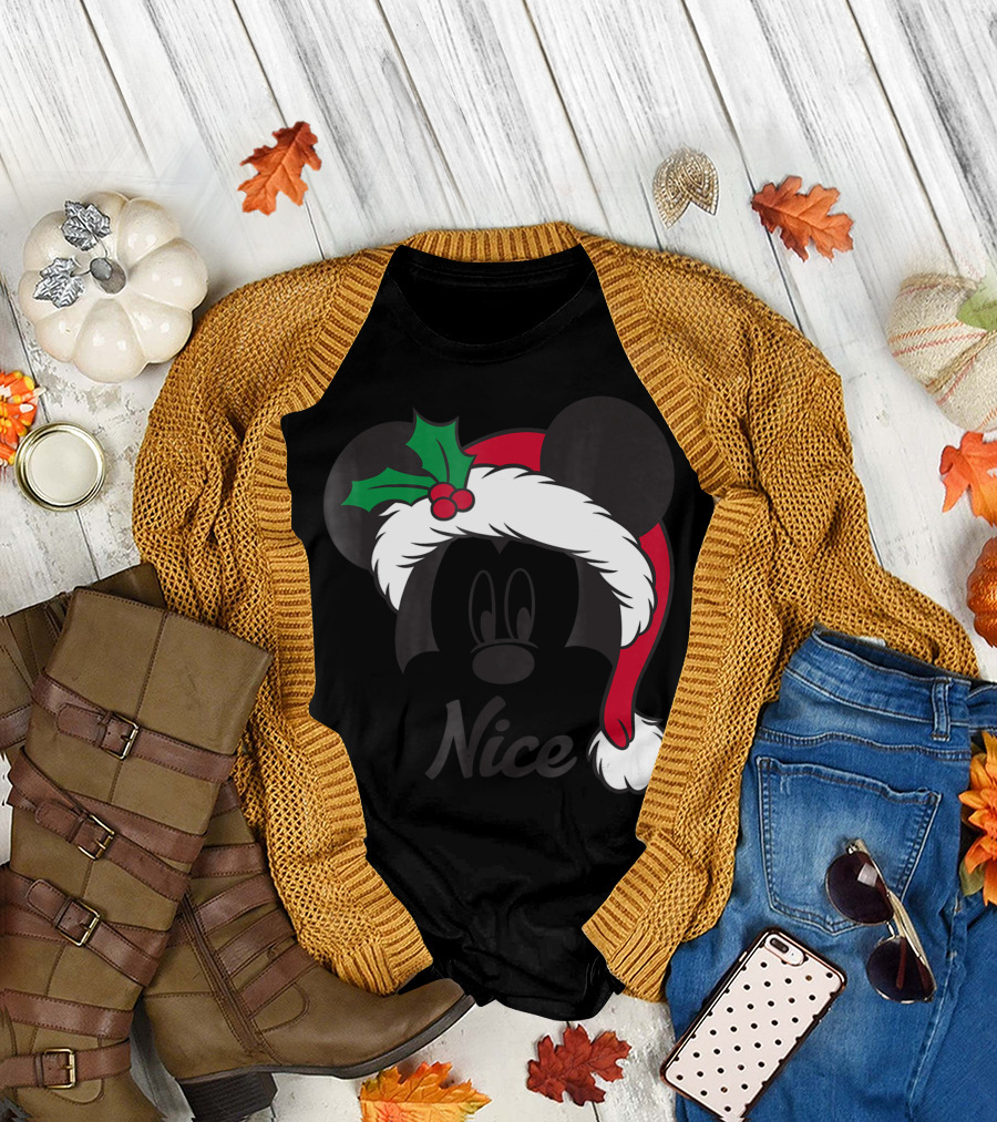 Disney Mickey Santa Hat Holly Nice T-Shirt