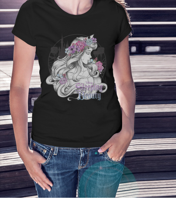 Disney Sleeping Beauty Floral Sketched Portrait With Flowers T-Shirt