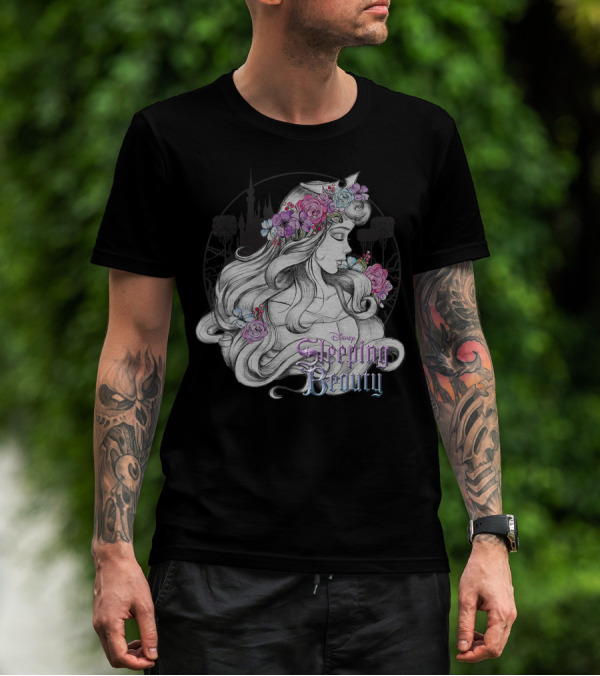 Disney Sleeping Beauty Floral Sketched Portrait With Flowers T-Shirt