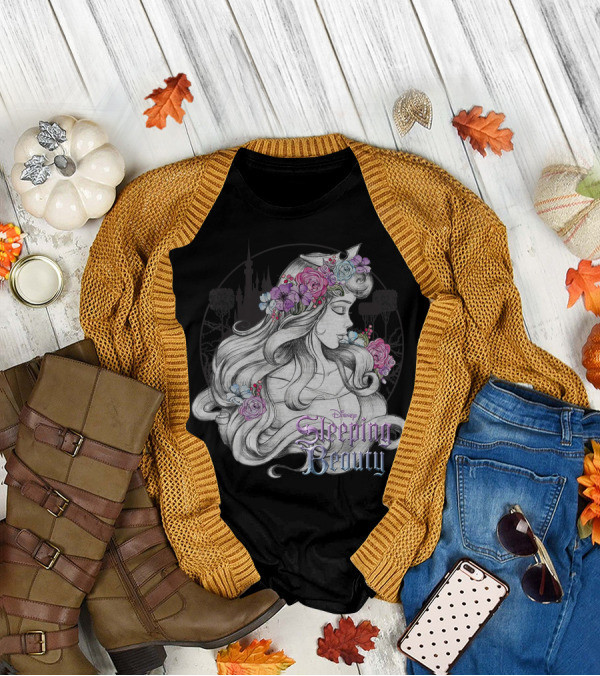 Disney Sleeping Beauty Floral Sketched Portrait With Flowers T-Shirt