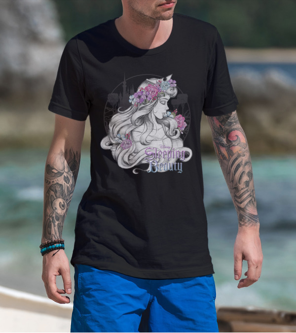 Disney Sleeping Beauty Floral Sketched Portrait With Flowers T-Shirt
