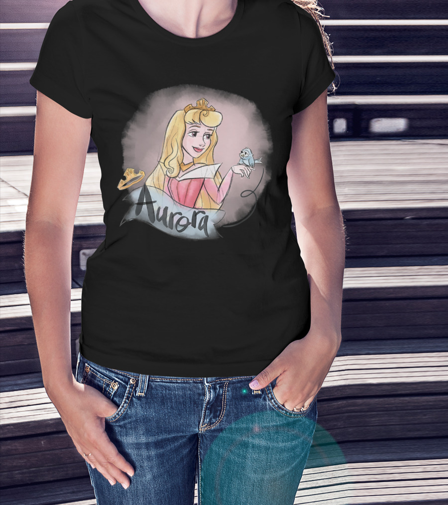 Princess Aurora In Pink Dress With Crown And Bluebird T-Shirt