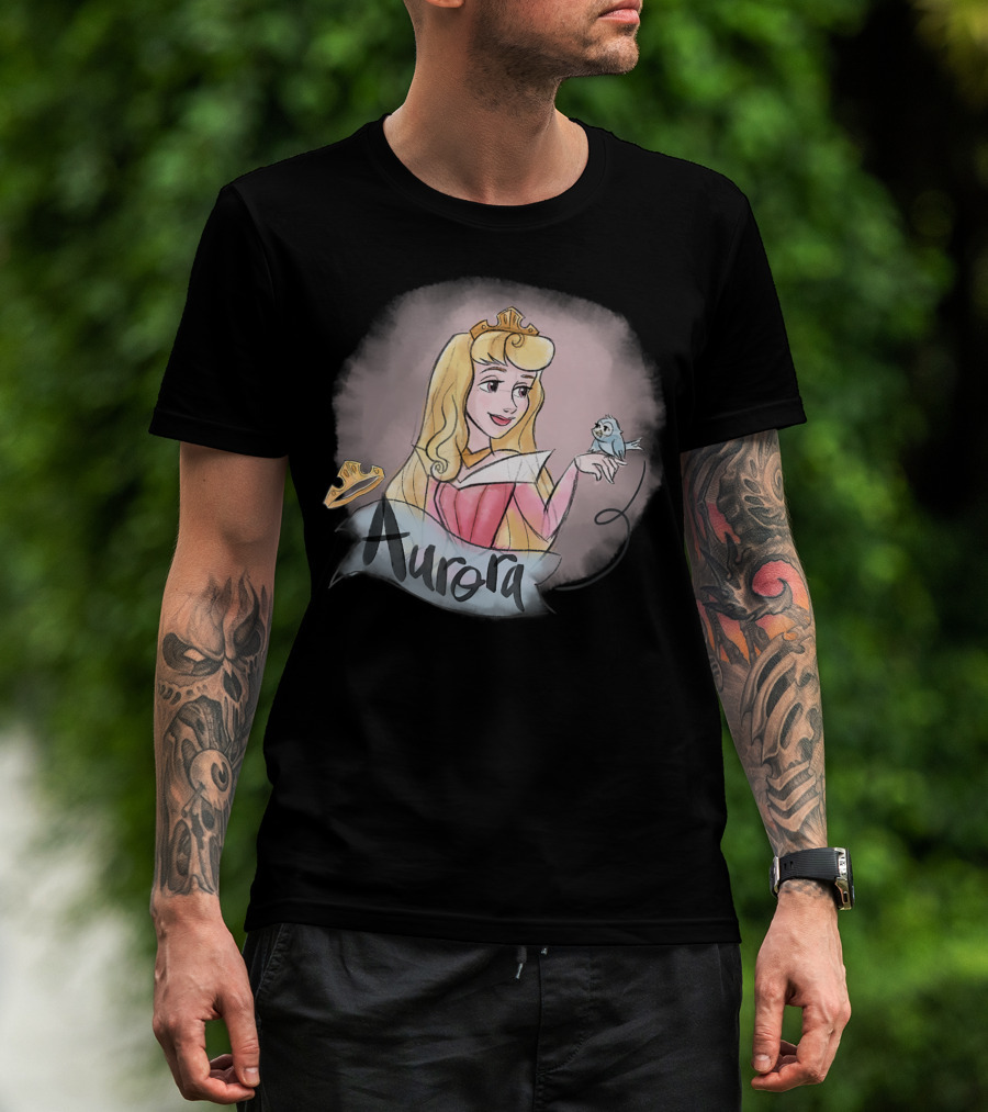 Princess Aurora In Pink Dress With Crown And Bluebird T-Shirt