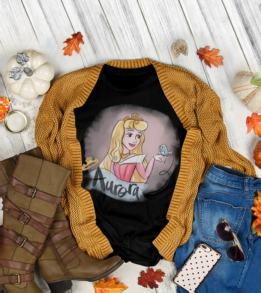 Princess Aurora In Pink Dress With Crown And Bluebird T-Shirt