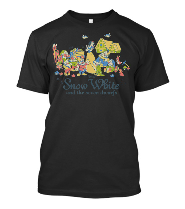 Disney Snow White And The Seven Dwarfs Classic Group With Snow White, Seven Dwarfs, Birds, Deer, Cottage T-Shirt