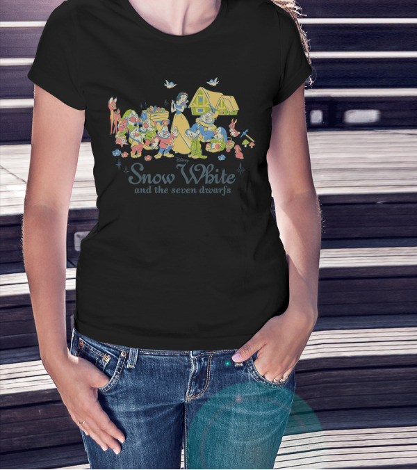 Disney Snow White And The Seven Dwarfs Classic Group With Snow White, Seven Dwarfs, Birds, Deer, Cottage T-Shirt