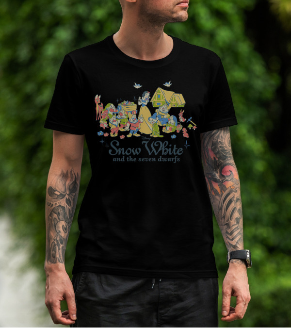 Disney Snow White And The Seven Dwarfs Classic Group With Snow White, Seven Dwarfs, Birds, Deer, Cottage T-Shirt