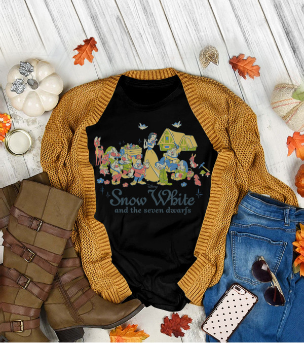 Disney Snow White And The Seven Dwarfs Classic Group With Snow White, Seven Dwarfs, Birds, Deer, Cottage T-Shirt