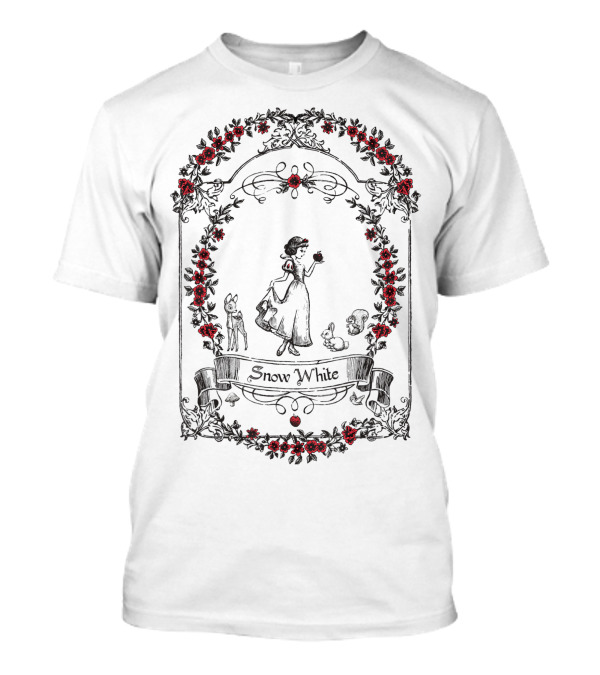 Disney Snow White Floral Frame With Red Flowers And Animal Sketches T-Shirt