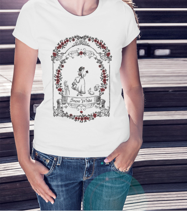 Disney Snow White Floral Frame With Red Flowers And Animal Sketches T-Shirt