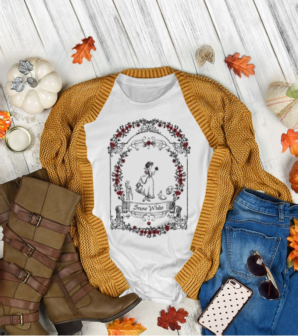 Disney Snow White Floral Frame With Red Flowers And Animal Sketches T-Shirt