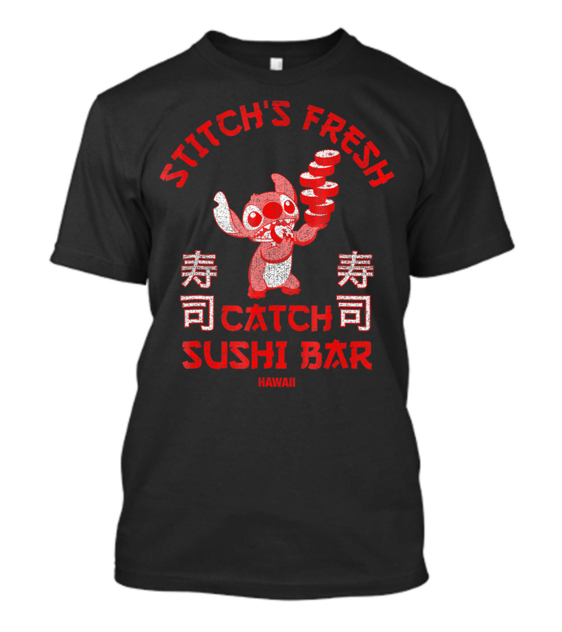 Stitch's Fresh Catch Sushi Bar Hawaii Sushi Character Holding Sushi Rolls T-Shirt
