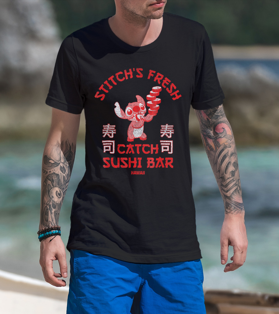 Stitch's Fresh Catch Sushi Bar Hawaii Sushi Character Holding Sushi Rolls T-Shirt