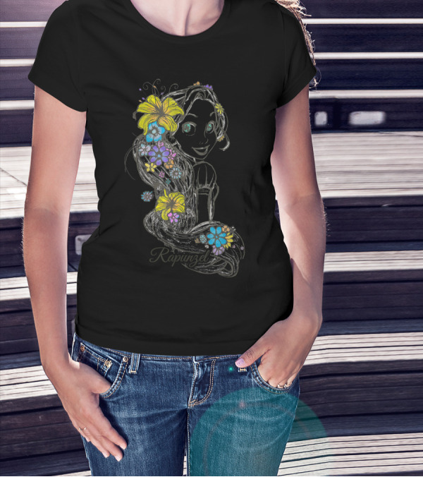 Disney Tangled Rapunzel Floral Sketch Colorful Hair T-Shirt