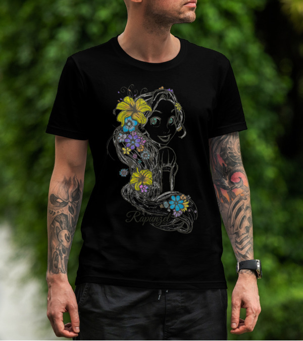 Disney Tangled Rapunzel Floral Sketch Colorful Hair T-Shirt