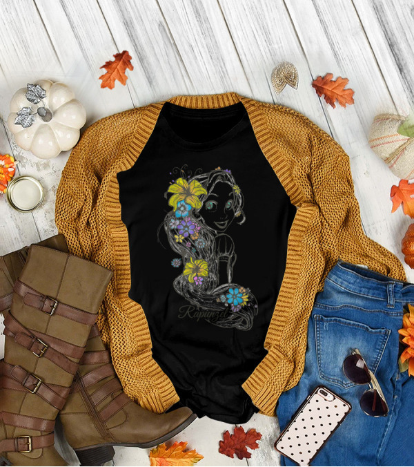Disney Tangled Rapunzel Floral Sketch Colorful Hair T-Shirt