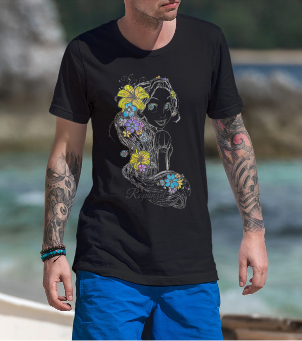 Disney Tangled Rapunzel Floral Sketch Colorful Hair T-Shirt