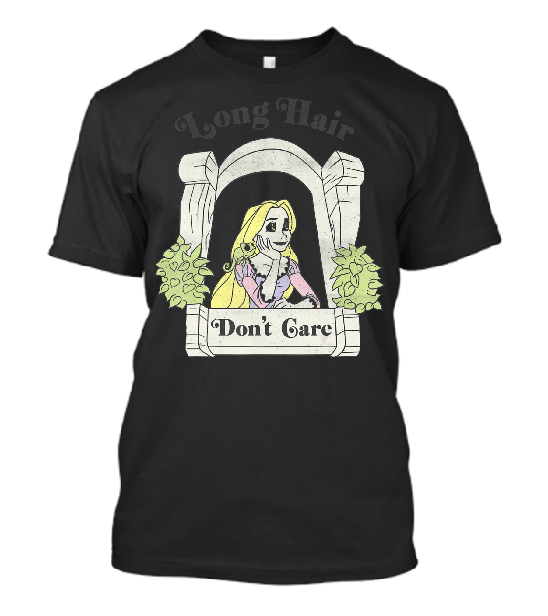 Disney Tangled Rapunzel Long Hair Don't Care In Tower Window With Pascal T-Shirt