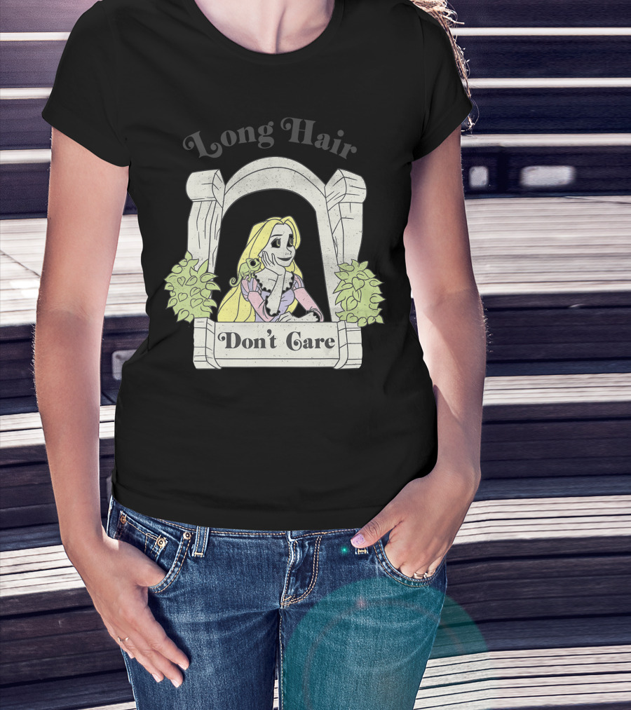 Disney Tangled Rapunzel Long Hair Don't Care In Tower Window With Pascal T-Shirt