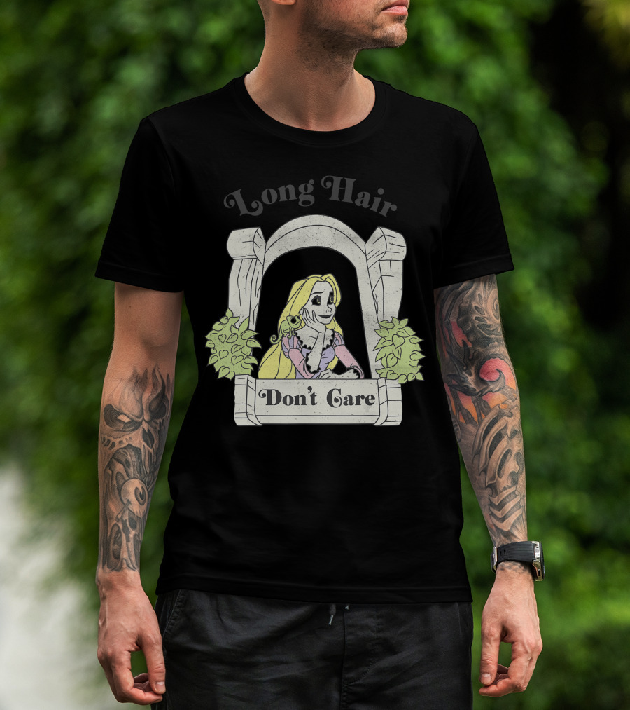 Disney Tangled Rapunzel Long Hair Don't Care In Tower Window With Pascal T-Shirt