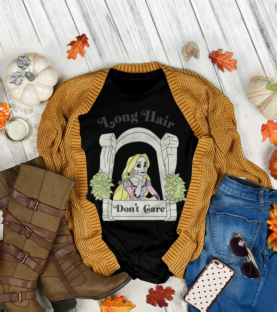 Disney Tangled Rapunzel Long Hair Don't Care In Tower Window With Pascal T-Shirt