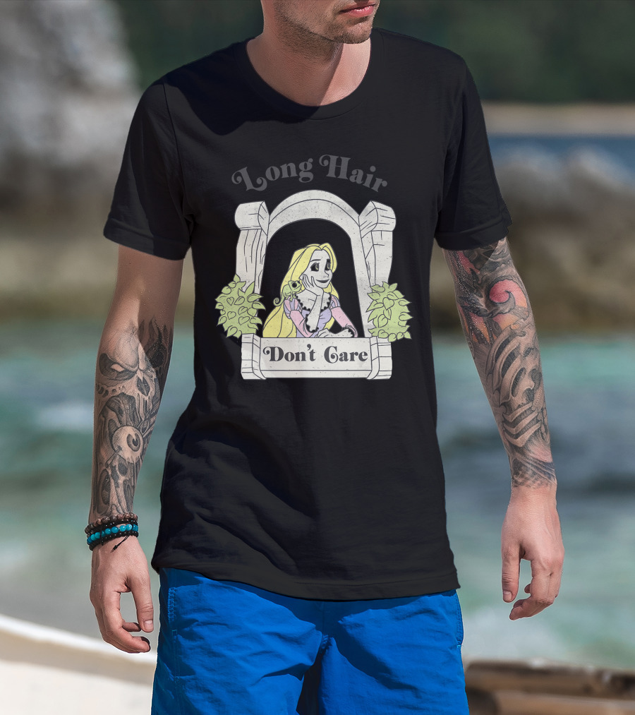 Disney Tangled Rapunzel Long Hair Don't Care In Tower Window With Pascal T-Shirt