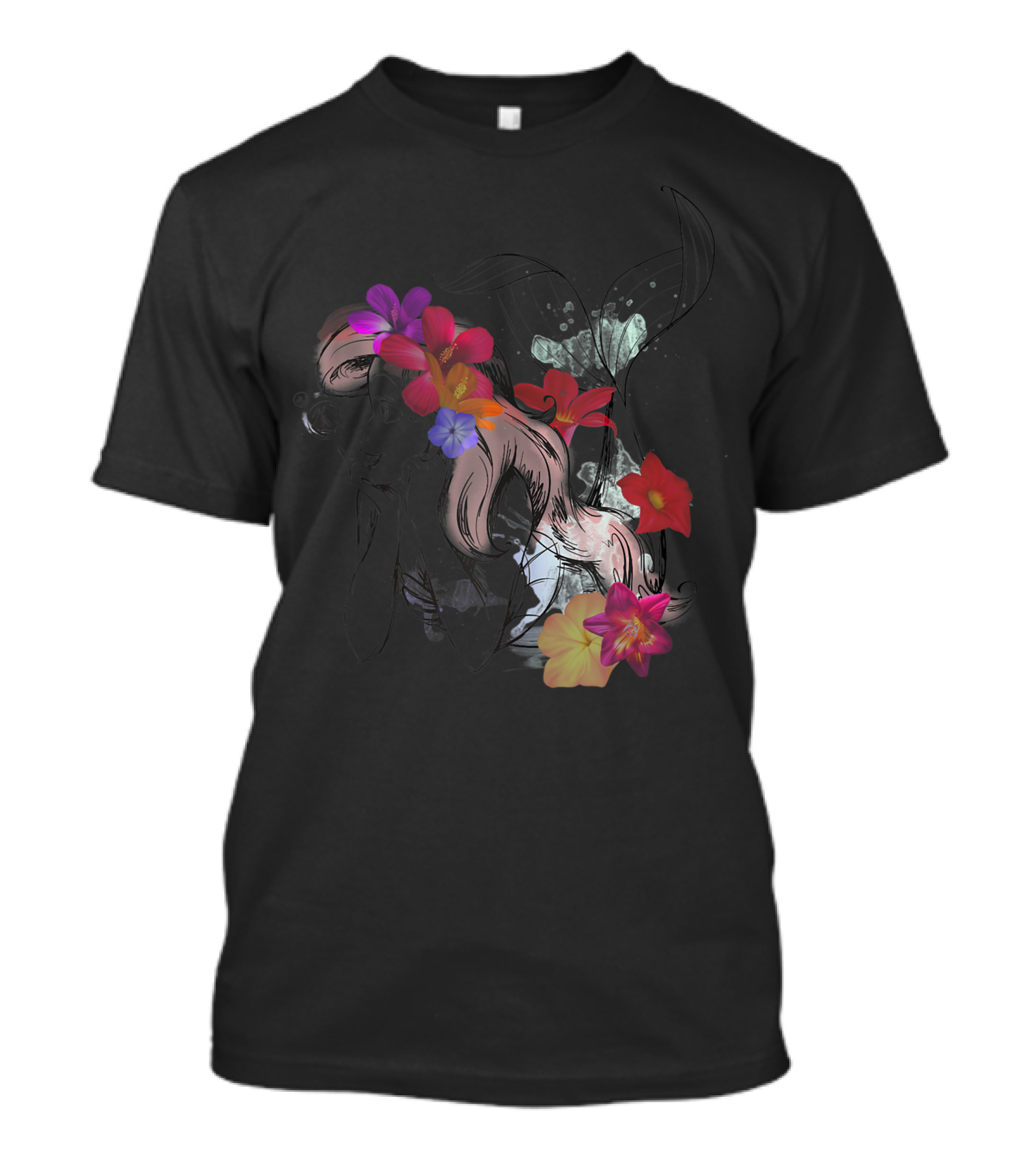 Disney The Little Mermaid Ariel Floral Watercolor Outline T-Shirt