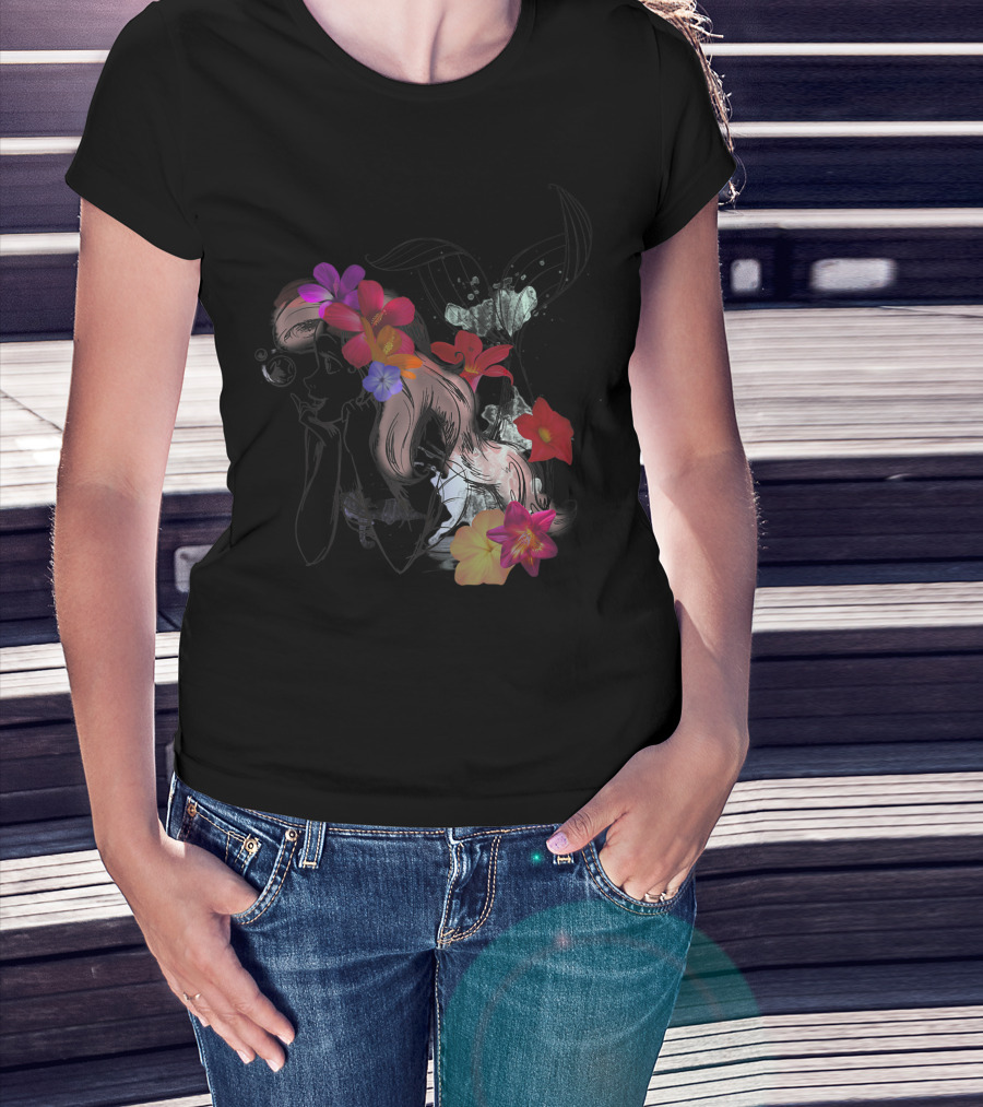 Disney The Little Mermaid Ariel Floral Watercolor Outline T-Shirt