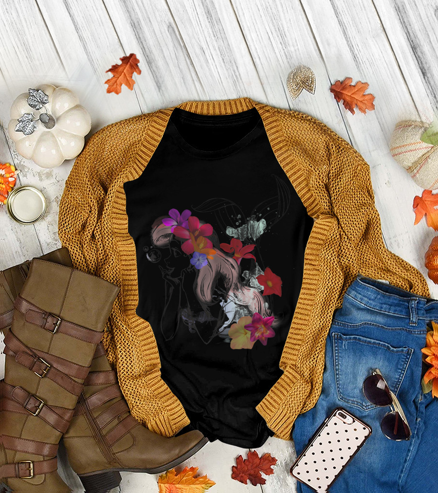 Disney The Little Mermaid Ariel Floral Watercolor Outline T-Shirt